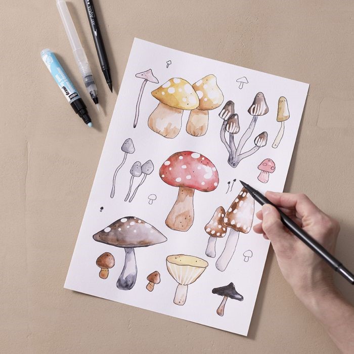 Paddenstoelen tekenen met aquarelstiften en tekengom